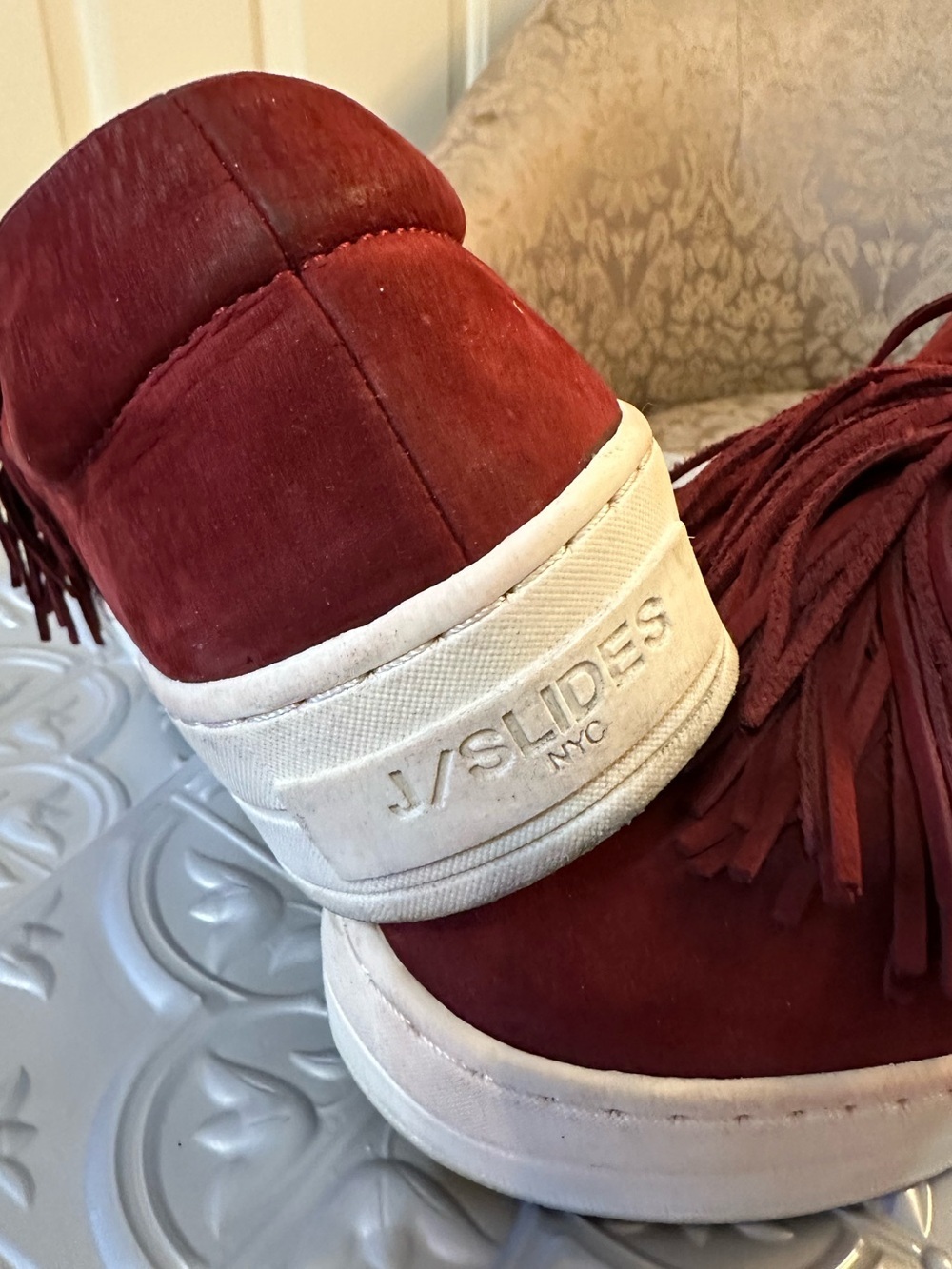 J/Slides Hope Fringe Sneakers Burgundy Leather Platform Slip On Shoes Size 8 - Picture 4 of 9